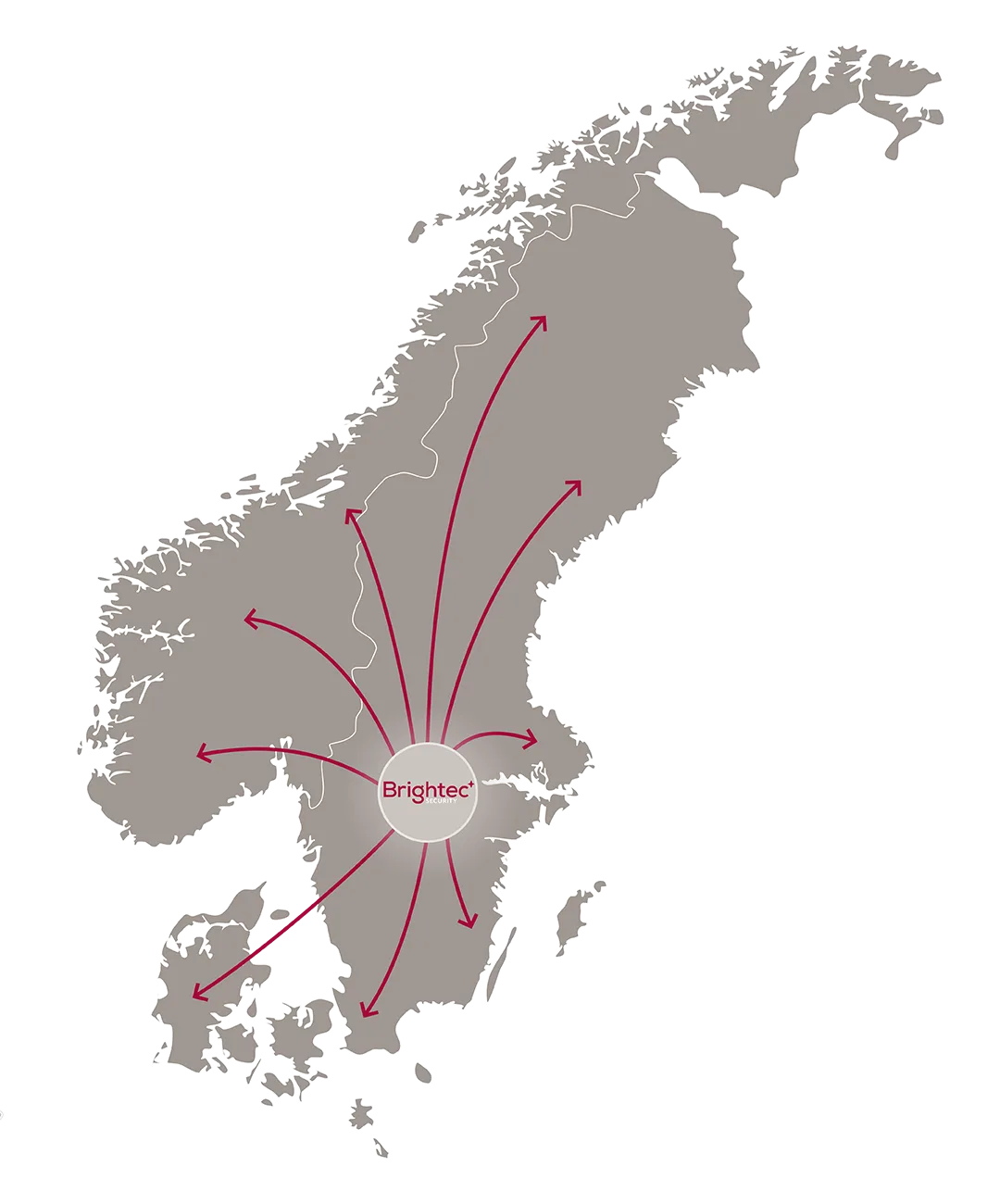 Kart over Norden med Brightec Securitys hovedkontor og rekkevidde til kunder i Sverige, Norge, Danmark og Finland