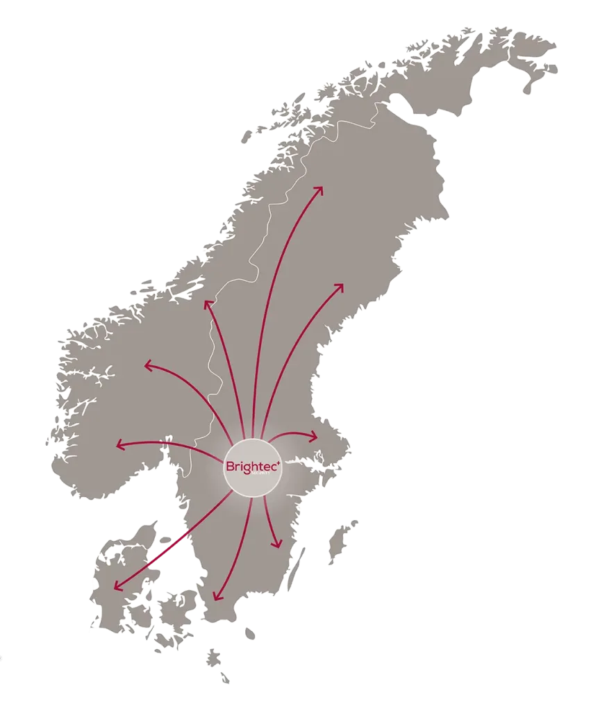 Karta över Norden med Brightec Securitys huvudkontor och räckvidd till kunder i Sverige, Norge, Danmark och Finland